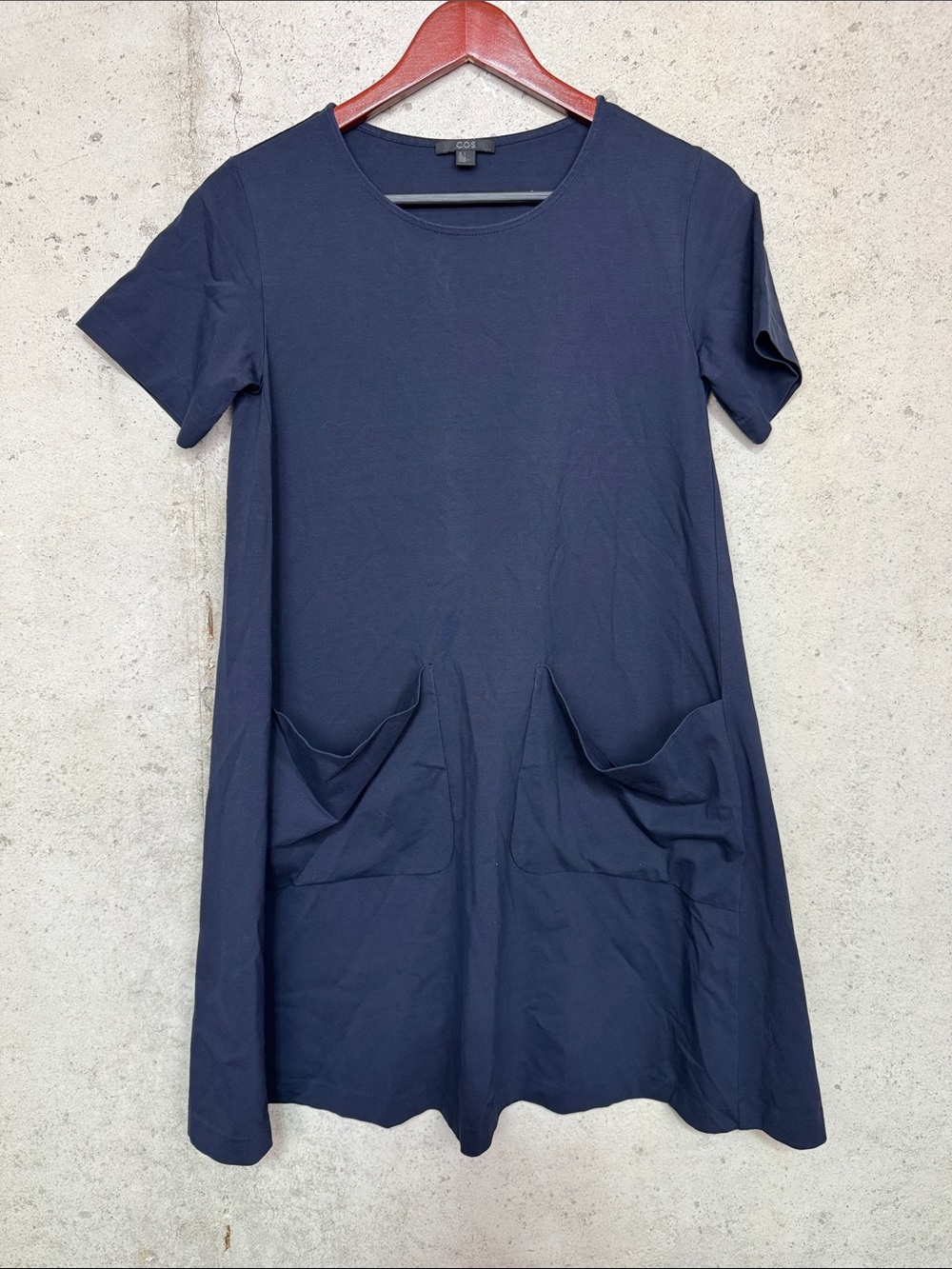 COS Navy Short Sleeve Scoop Neck jersey dress with Front Pockets sz s